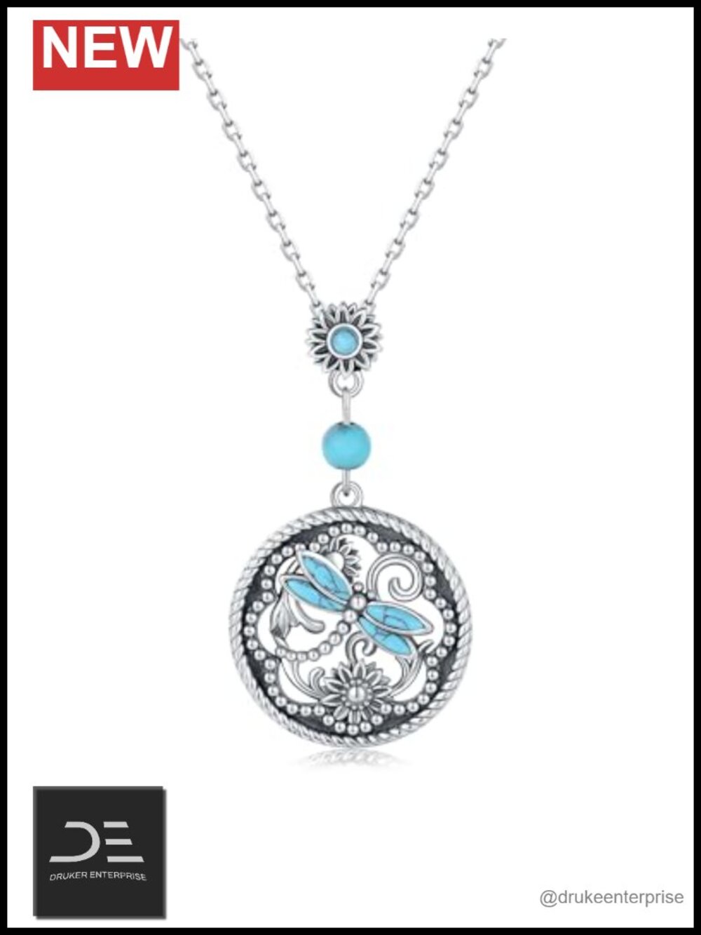 Dragonfly Necklace for Women, Sterling Silver Turquoise Flower Pendant, Dainty